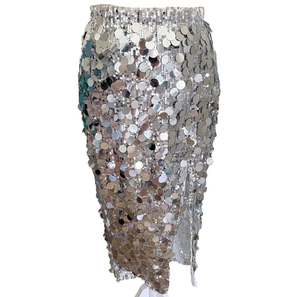 NWT Hot & Delicious Silver Sequined Sparkly Stretch Skirt Midi Glam Avant Garde